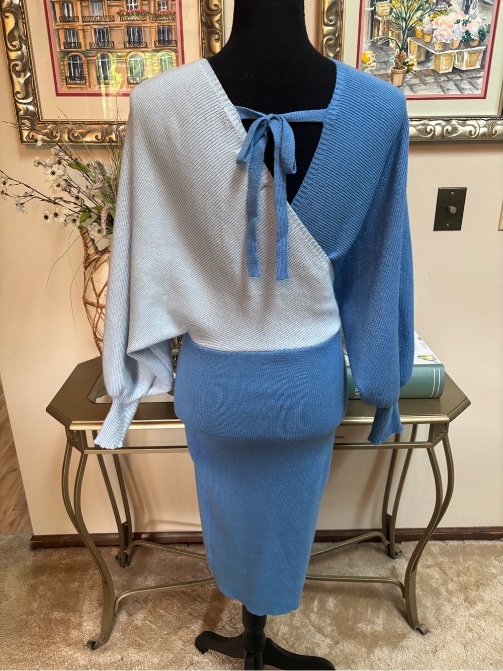 Colorblock Blue Knit Wrap Body-con V-Neck Wrap Midi Dress by Theenkoln Size Med - Picture 3 of 9